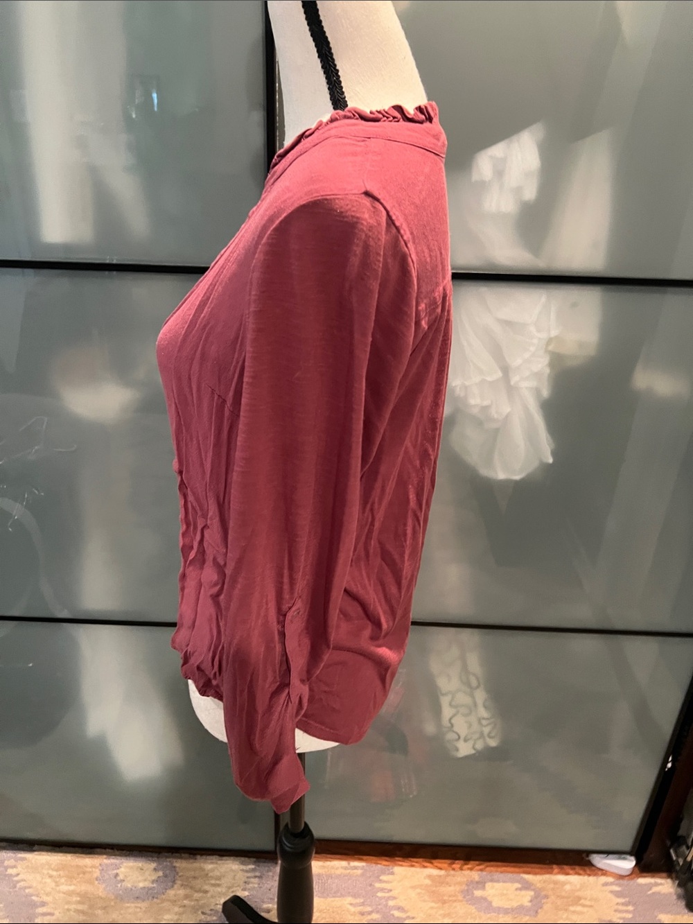 Anthropologie Rose-Pink V-Neck Ruffle Trim Blouse - Picture 3 of 5